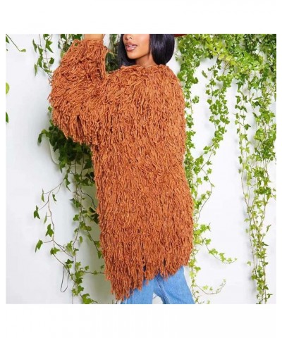 Womens Cable Knit Fringe Tassel Mid Length Cardigans Open Front Sweater Cardigan Oversized Coat Sexy Nightclub Outfit Coffee ...