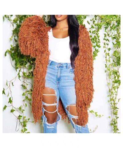 Womens Cable Knit Fringe Tassel Mid Length Cardigans Open Front Sweater Cardigan Oversized Coat Sexy Nightclub Outfit Coffee ...