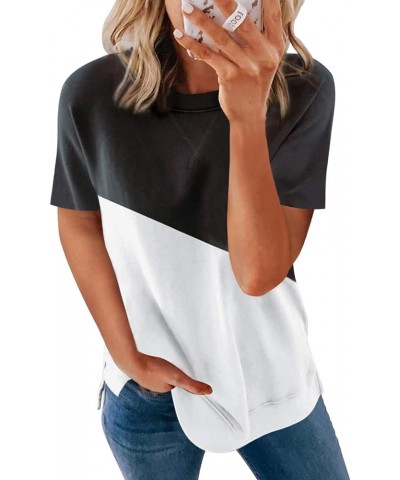 Women's Cute Color Block Tshirt Summer Casual Round Neck Side Split Short Sleeve Tee Shirt Tops S-2XL A Black $14.81 T-Shirts