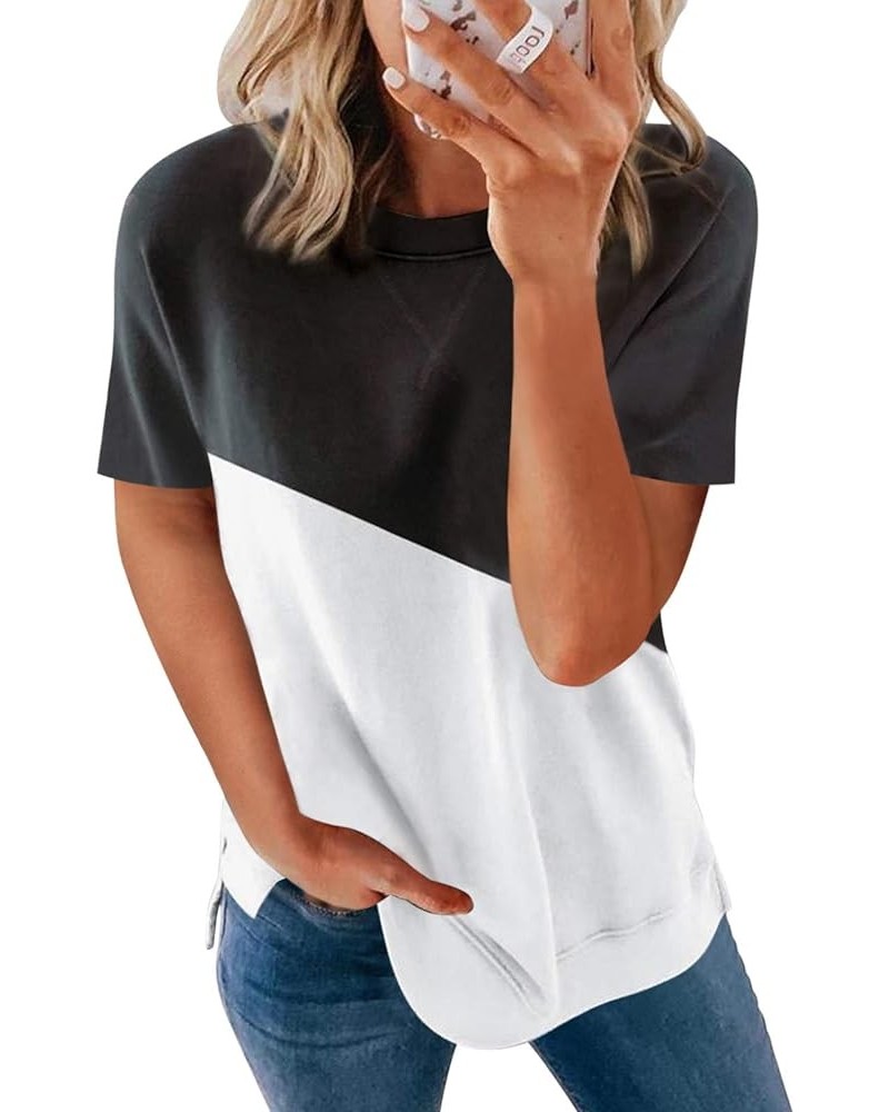 Women's Cute Color Block Tshirt Summer Casual Round Neck Side Split Short Sleeve Tee Shirt Tops S-2XL A Black $14.81 T-Shirts