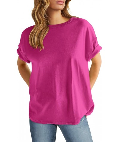 Women's Oversized Casual Loose Fit Short Sleeve Crewneck Summer Trendy Boxy T-Shirts Tops Blouse Hot Pink $13.86 Blouses