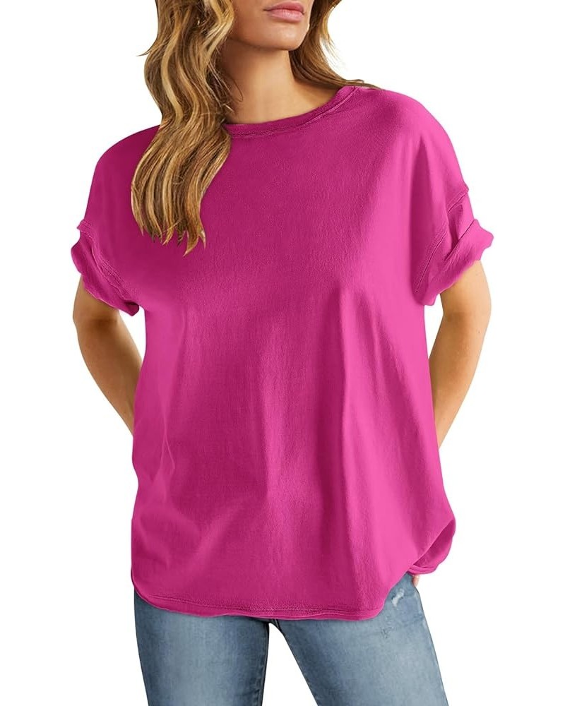 Women's Oversized Casual Loose Fit Short Sleeve Crewneck Summer Trendy Boxy T-Shirts Tops Blouse Hot Pink $13.86 Blouses