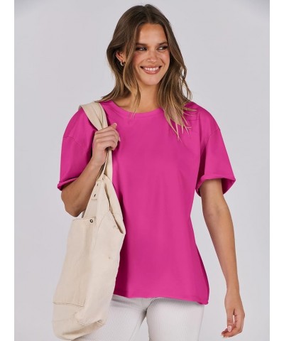 Women's Oversized Casual Loose Fit Short Sleeve Crewneck Summer Trendy Boxy T-Shirts Tops Blouse Hot Pink $13.86 Blouses