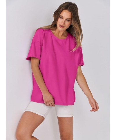 Women's Oversized Casual Loose Fit Short Sleeve Crewneck Summer Trendy Boxy T-Shirts Tops Blouse Hot Pink $13.86 Blouses