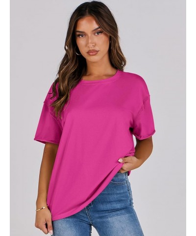 Women's Oversized Casual Loose Fit Short Sleeve Crewneck Summer Trendy Boxy T-Shirts Tops Blouse Hot Pink $13.86 Blouses