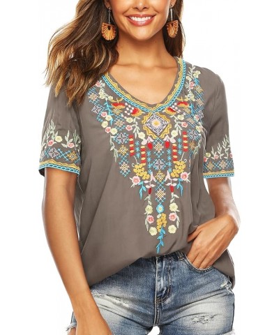 Women’s Mexican Embroidered Tops for Women Boho Blouse for Women Summer Short Sleeve Floral Hippie Shirts Tunics Grey-054 $22...