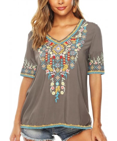 Women’s Mexican Embroidered Tops for Women Boho Blouse for Women Summer Short Sleeve Floral Hippie Shirts Tunics Grey-054 $22...