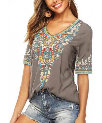 Women’s Mexican Embroidered Tops for Women Boho Blouse for Women Summer Short Sleeve Floral Hippie Shirts Tunics Grey-054 $22...