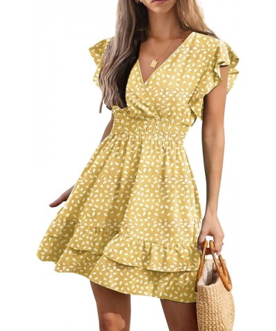 Women's Allover Speckled Print Cap Sleeve V Neck Smocked Waist Tiered Ruffle Hem A Line Flowy Mini Short Dress Yellow $18.48 ...