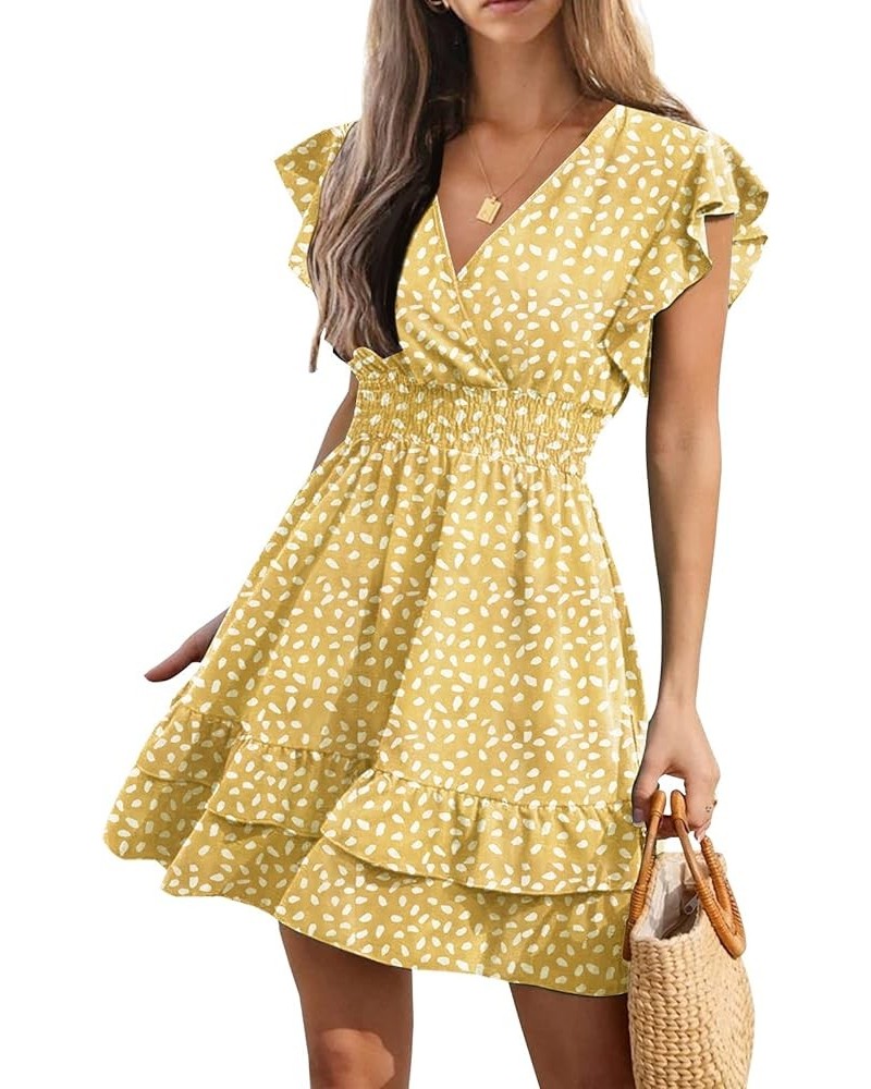 Women's Allover Speckled Print Cap Sleeve V Neck Smocked Waist Tiered Ruffle Hem A Line Flowy Mini Short Dress Yellow $18.48 ...