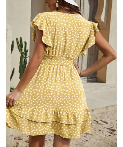 Women's Allover Speckled Print Cap Sleeve V Neck Smocked Waist Tiered Ruffle Hem A Line Flowy Mini Short Dress Yellow $18.48 ...