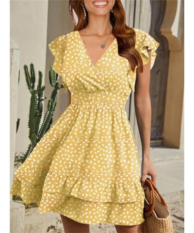 Women's Allover Speckled Print Cap Sleeve V Neck Smocked Waist Tiered Ruffle Hem A Line Flowy Mini Short Dress Yellow $18.48 ...