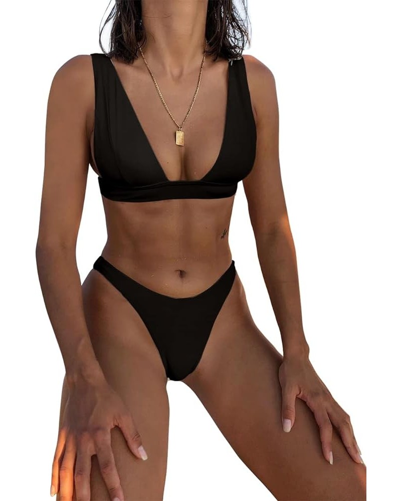 Bikini Sets for Women Two Piece Swimsuit V Neck Push Up Triangle Top with High Waisted Bikini Beachwear Black $20.99 Swimsuits