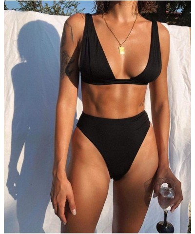 Bikini Sets for Women Two Piece Swimsuit V Neck Push Up Triangle Top with High Waisted Bikini Beachwear Black $20.99 Swimsuits