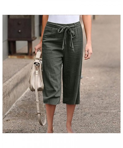 Women's Capri Pants for Summer High Waist Drawstring Cinch Bottom with Button Linen Loose Wide Leg Cropped Pants 04-army Gree...