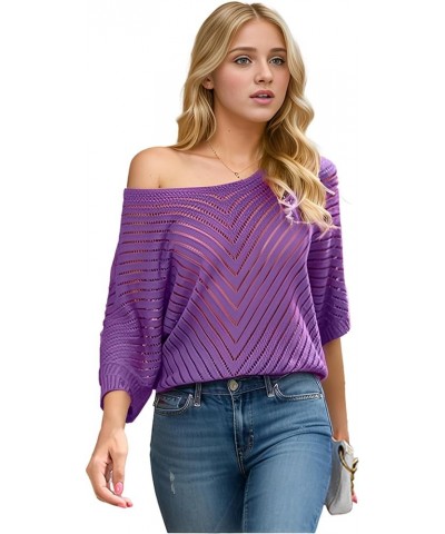 Women Casual 3/4 Sleeve Tops Solid Color V Neck Pullover Loose Knit Fall Spring Sweaters Purple $10.75 Sweaters