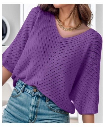 Women Casual 3/4 Sleeve Tops Solid Color V Neck Pullover Loose Knit Fall Spring Sweaters Purple $10.75 Sweaters