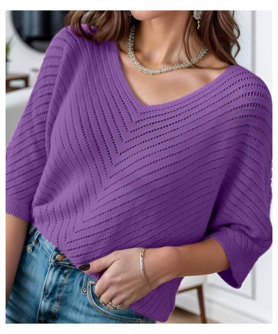 Women Casual 3/4 Sleeve Tops Solid Color V Neck Pullover Loose Knit Fall Spring Sweaters Purple $10.75 Sweaters