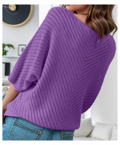 Women Casual 3/4 Sleeve Tops Solid Color V Neck Pullover Loose Knit Fall Spring Sweaters Purple $10.75 Sweaters