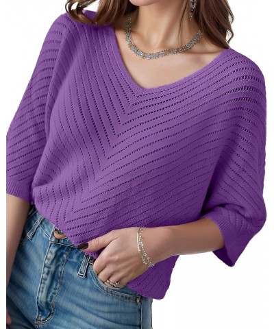 Women Casual 3/4 Sleeve Tops Solid Color V Neck Pullover Loose Knit Fall Spring Sweaters Purple $10.75 Sweaters