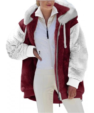 Fuzzy Fleece Jacket For Women Fall Fashion 2023 Color Block Full Zip Up Sherpa Cardigan Coat Warm Winter Outerwear J08-wine $...