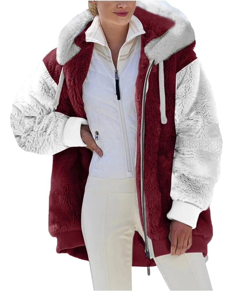 Fuzzy Fleece Jacket For Women Fall Fashion 2023 Color Block Full Zip Up Sherpa Cardigan Coat Warm Winter Outerwear J08-wine $...