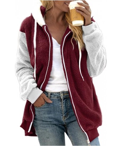 Fuzzy Fleece Jacket For Women Fall Fashion 2023 Color Block Full Zip Up Sherpa Cardigan Coat Warm Winter Outerwear J08-wine $...