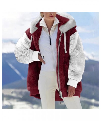 Fuzzy Fleece Jacket For Women Fall Fashion 2023 Color Block Full Zip Up Sherpa Cardigan Coat Warm Winter Outerwear J08-wine $...