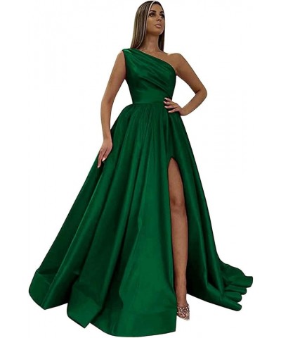 One Shoulder Prom Dresses Long Slit Satin A Line Evening Formal Gowns for Women Emerald Green $40.27 Dresses