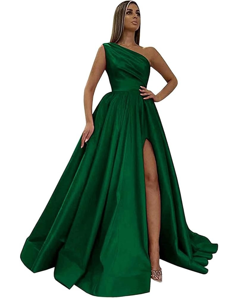 One Shoulder Prom Dresses Long Slit Satin A Line Evening Formal Gowns for Women Emerald Green $40.27 Dresses