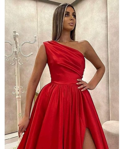 One Shoulder Prom Dresses Long Slit Satin A Line Evening Formal Gowns for Women Emerald Green $40.27 Dresses