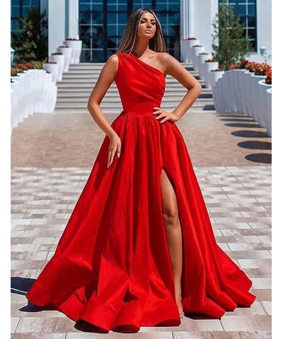 One Shoulder Prom Dresses Long Slit Satin A Line Evening Formal Gowns for Women Emerald Green $40.27 Dresses