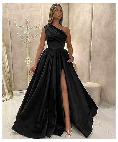 One Shoulder Prom Dresses Long Slit Satin A Line Evening Formal Gowns for Women Emerald Green $40.27 Dresses