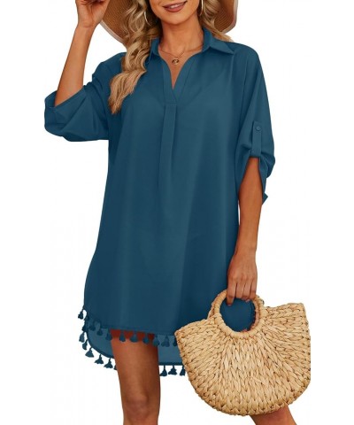 Women Swimsuit Cover up Shirt 2024 Tassel Beach Bathing Suit for Swimwear Bikini Dress Lake Blue $14.40 Swimsuits