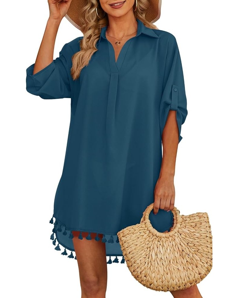 Women Swimsuit Cover up Shirt 2024 Tassel Beach Bathing Suit for Swimwear Bikini Dress Lake Blue $14.40 Swimsuits