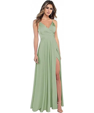 Women's Spaghetti Strap Bridesmaid Dresses with Slit Long A-Line V Neck Satin Formal Evening Party Dress YJY18 Sage $43.98 Dr...