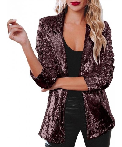 Women Sequins Blazer Sequin Jacket Casual Long Sleeve Glitter Party Shiny Lapel Coat Jacket Women Plus Size S1-wine $14.43 Bl...