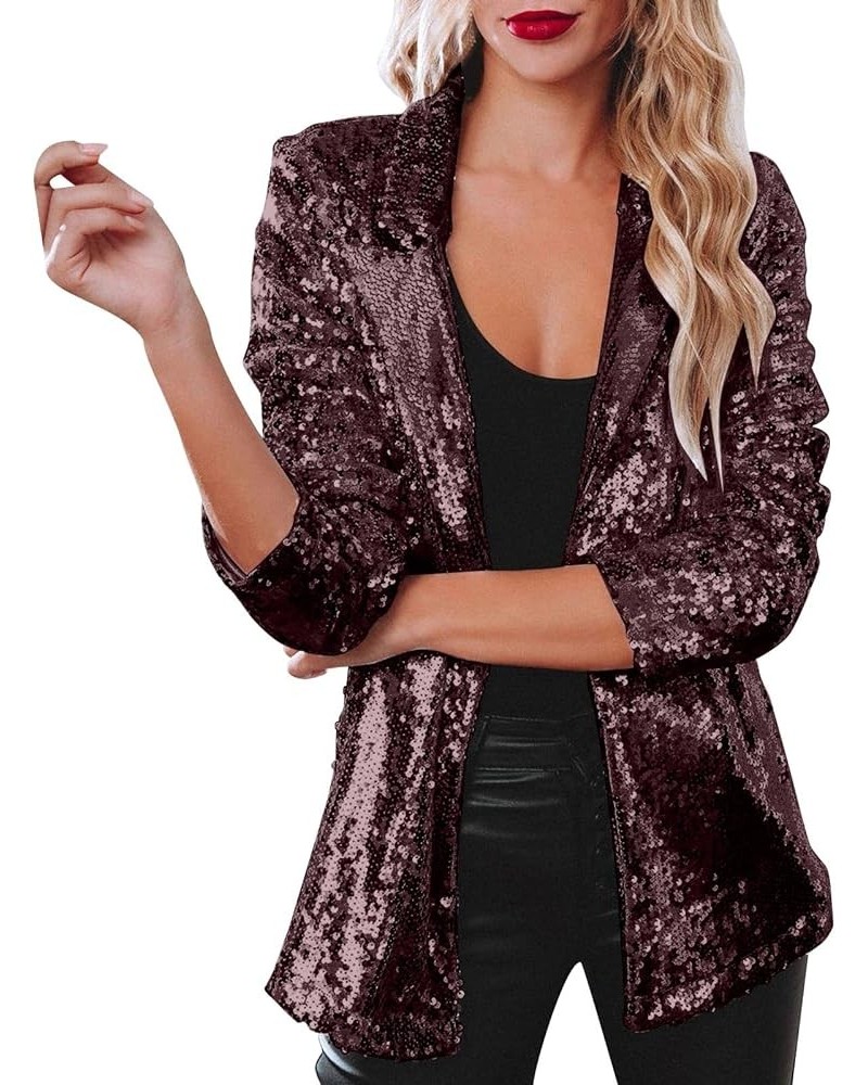 Women Sequins Blazer Sequin Jacket Casual Long Sleeve Glitter Party Shiny Lapel Coat Jacket Women Plus Size S1-wine $14.43 Bl...