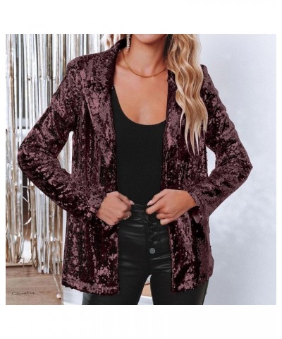 Women Sequins Blazer Sequin Jacket Casual Long Sleeve Glitter Party Shiny Lapel Coat Jacket Women Plus Size S1-wine $14.43 Bl...