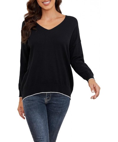 Womens Sweaters Lightweight V Neck Knit Drop Shoulder Colorblock Sweater Long Sleeve Pullover Sweaters for Women Black $14.68...