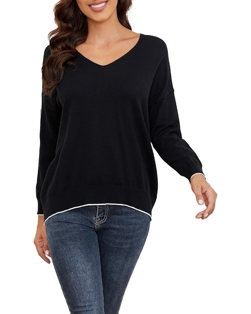 Womens Sweaters Lightweight V Neck Knit Drop Shoulder Colorblock Sweater Long Sleeve Pullover Sweaters for Women Black $14.68...