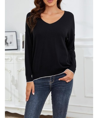 Womens Sweaters Lightweight V Neck Knit Drop Shoulder Colorblock Sweater Long Sleeve Pullover Sweaters for Women Black $14.68...