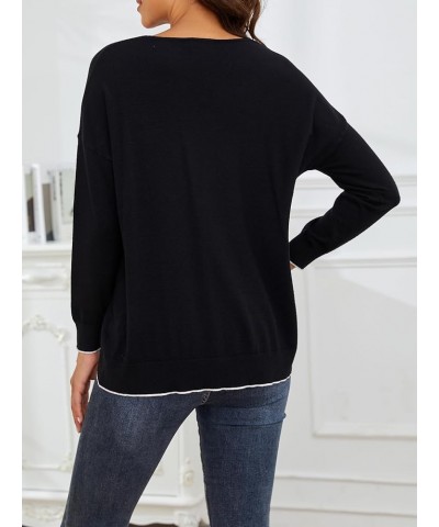 Womens Sweaters Lightweight V Neck Knit Drop Shoulder Colorblock Sweater Long Sleeve Pullover Sweaters for Women Black $14.68...