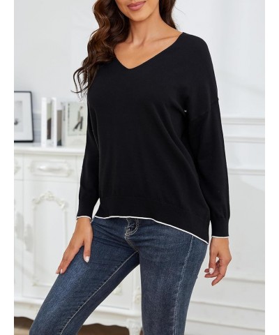 Womens Sweaters Lightweight V Neck Knit Drop Shoulder Colorblock Sweater Long Sleeve Pullover Sweaters for Women Black $14.68...