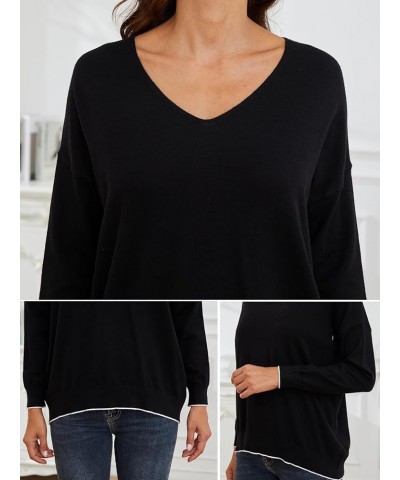 Womens Sweaters Lightweight V Neck Knit Drop Shoulder Colorblock Sweater Long Sleeve Pullover Sweaters for Women Black $14.68...