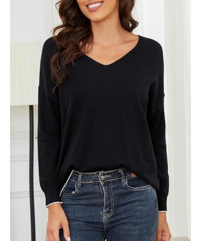 Womens Sweaters Lightweight V Neck Knit Drop Shoulder Colorblock Sweater Long Sleeve Pullover Sweaters for Women Black $14.68...