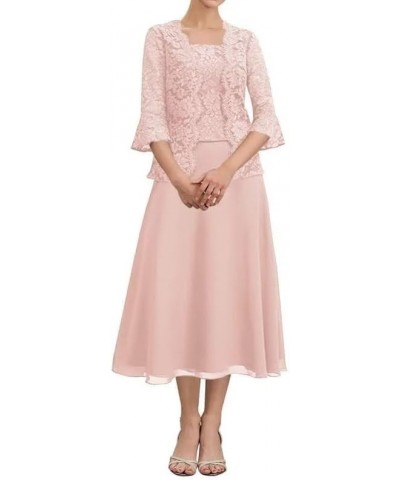 Tea Length Mother of The Bride Dresses with Jacket Lace Chiffon Formal Dress for Wedding Guest Dusty Rose $32.17 Dresses