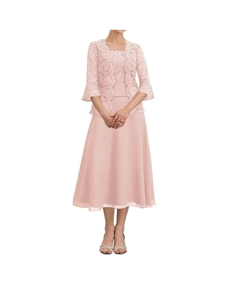 Tea Length Mother of The Bride Dresses with Jacket Lace Chiffon Formal Dress for Wedding Guest Dusty Rose $32.17 Dresses