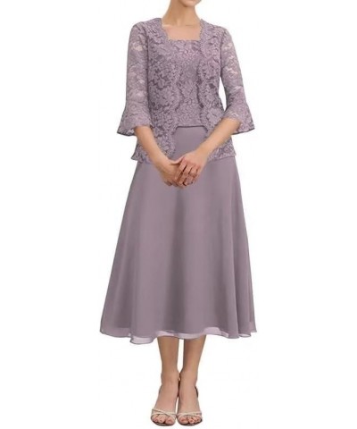 Tea Length Mother of The Bride Dresses with Jacket Lace Chiffon Formal Dress for Wedding Guest Dusty Rose $32.17 Dresses