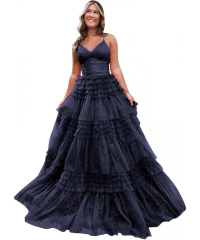 Women's Tiered Glitter Tulle Prom Dresses V Neck Ruffles Formal Evening Party Gowns Navy Blue $37.10 Dresses